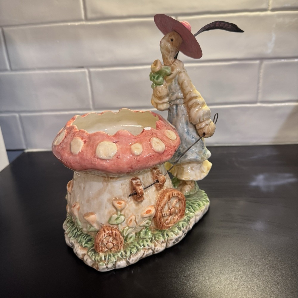 Hand Painted Ceramic Easter Spring Bunny Rabbit Mushroom Wheelbarrow Planter 9"